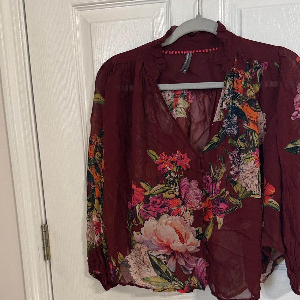 Anthropologie Burgundy Floral Sheer V-Neck Blouse